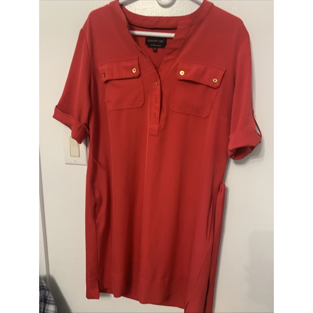 Jones New York Red Stretch Shift Dress Size 14 Short Sleeve Pocket Knee Length